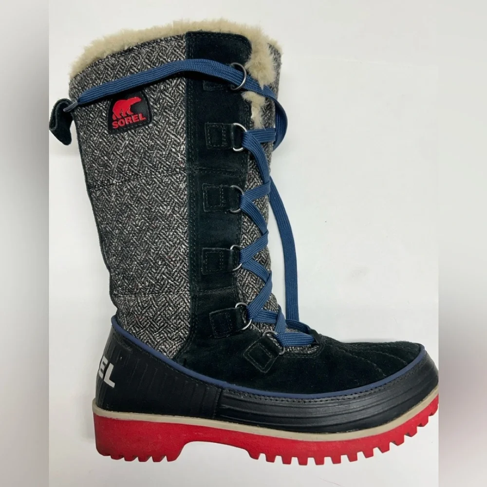 Sorel Women's Navy Blue and Red Winter Lace-Up Boots with Faux Fur Trim
